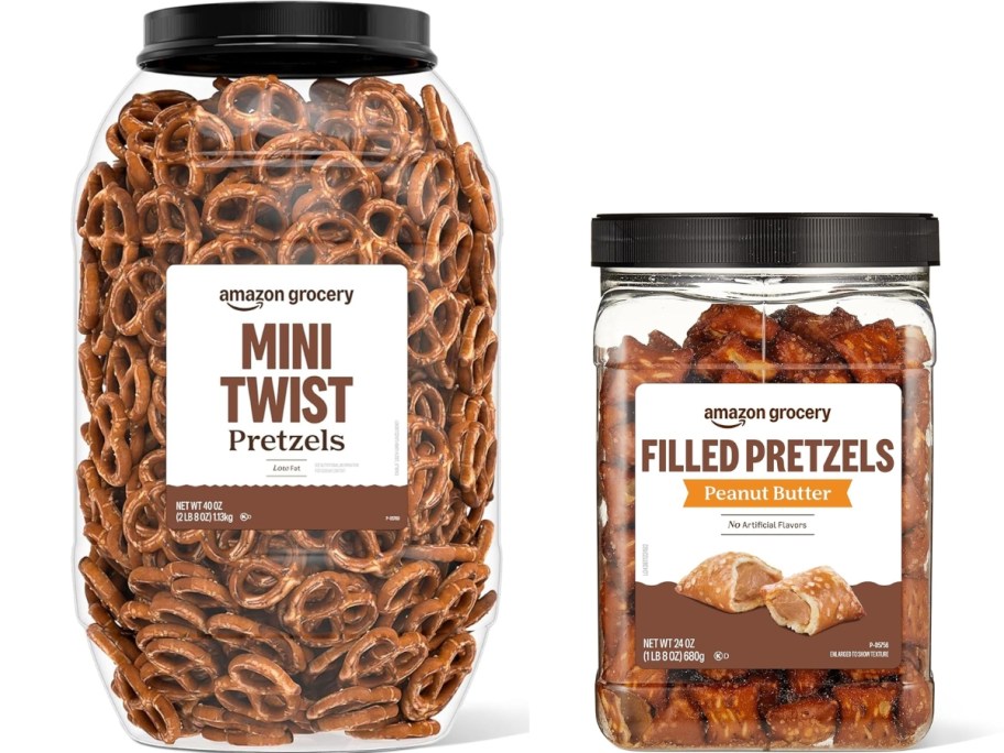 large tub of mini twist pretzels and a medium tub of peanut butter filled pretzels