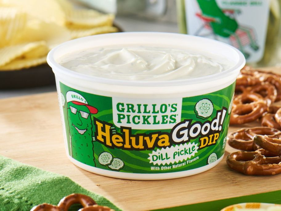 A tub of Helluva Good Dill Pickle Dip