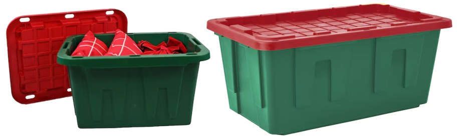 green storage totes with red lids