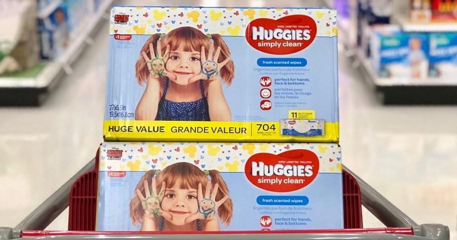 large boxes of Huggies Simply Clean Fresh Scent Wipes in shopping cart