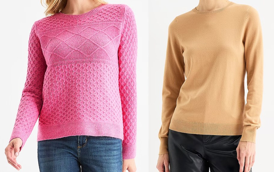 two women in pink and tan sweaters