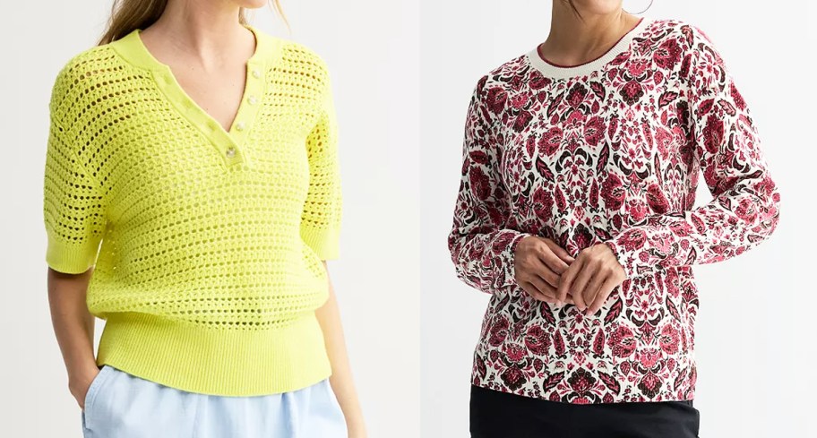 women in yellow and white/maroon floral print sweaters