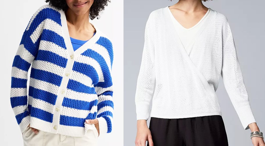women in blue/white striped and solid white sweaters