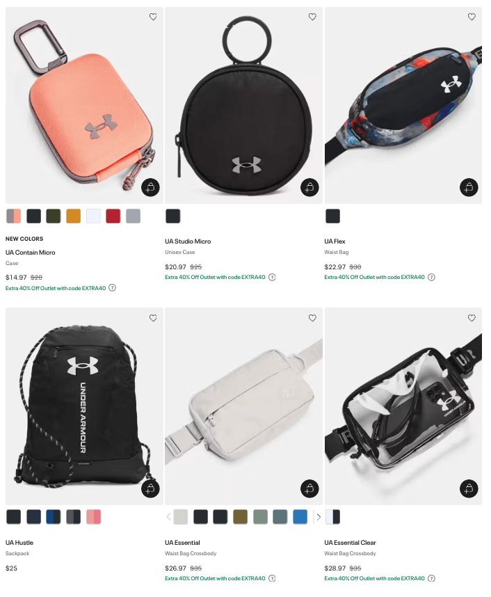 A screenshot showing a sales page for Under Armor bags.