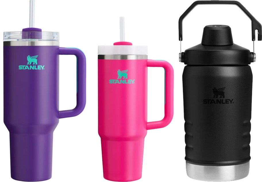purple, pink, and black Stanley Tumblers