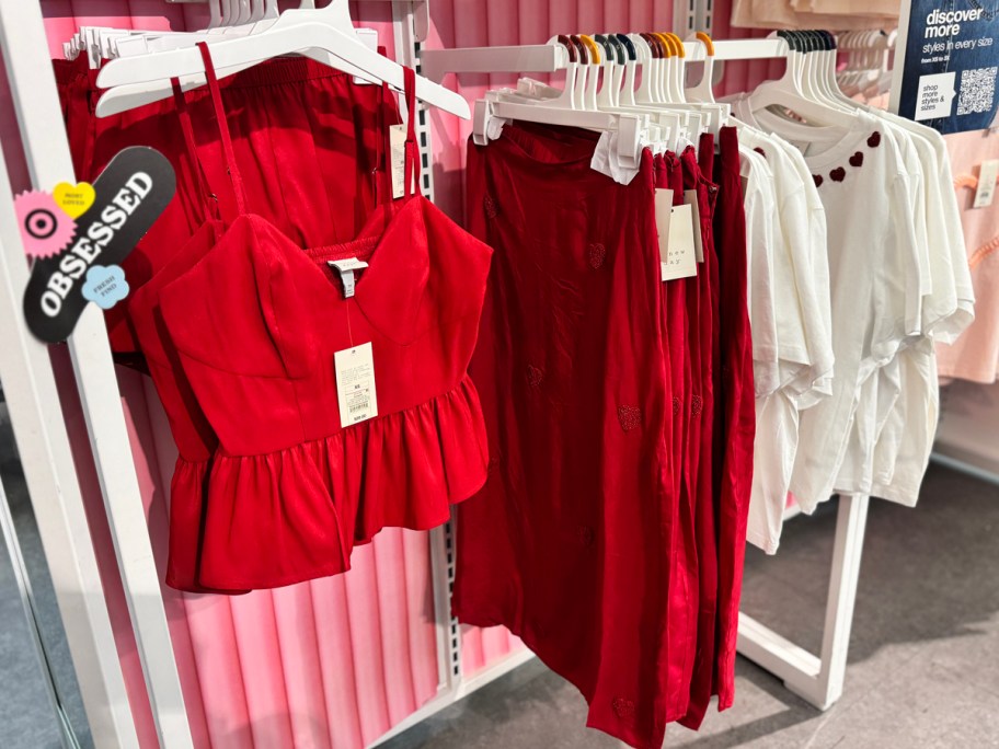 Target Valentine&rsquo;s Clothes including a peplum top, shorts, skirt, and shirts