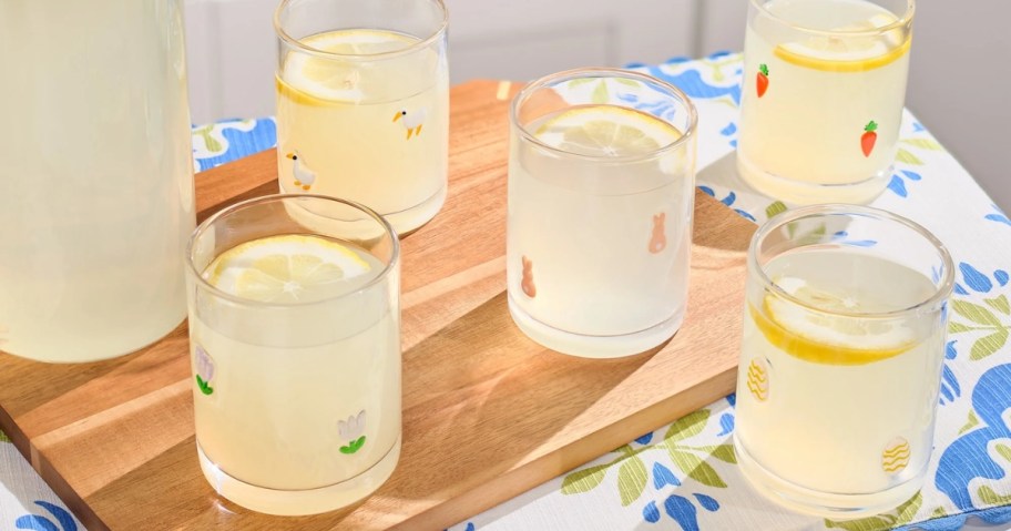 thyme & table icon drinking glasses with easter icons filled with lemonade