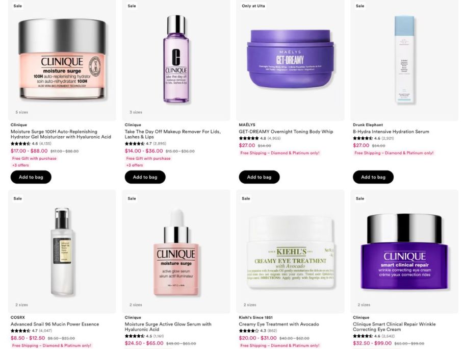 Images of Ulta 50% off Skincare including Clinique, Kiehl's Maely's and Drunk Elephant products