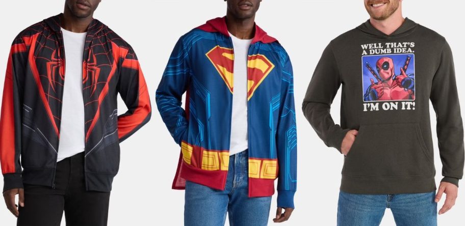 Stock images of 3 men wearing character and cosplay hoodies from Walmart