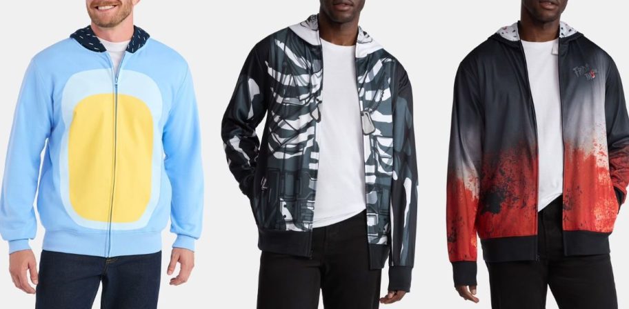 Stock images of 3 men wearing Cosplay hoodies