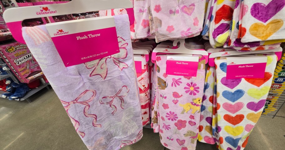 various Walmart valentine blankets on display