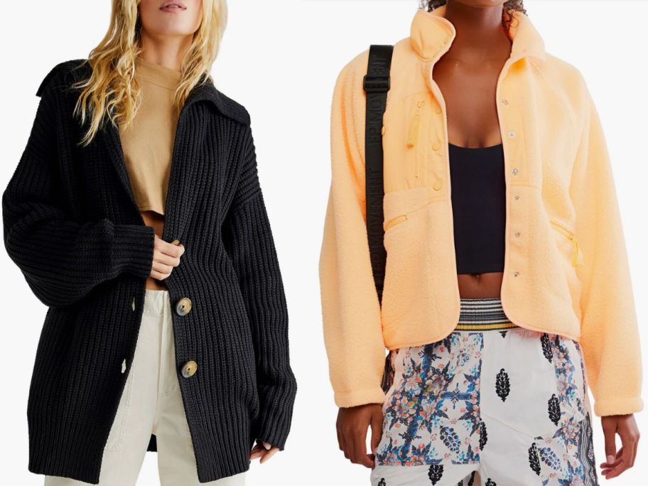 Stock images of women wearing a free people sweater and fleece jacket