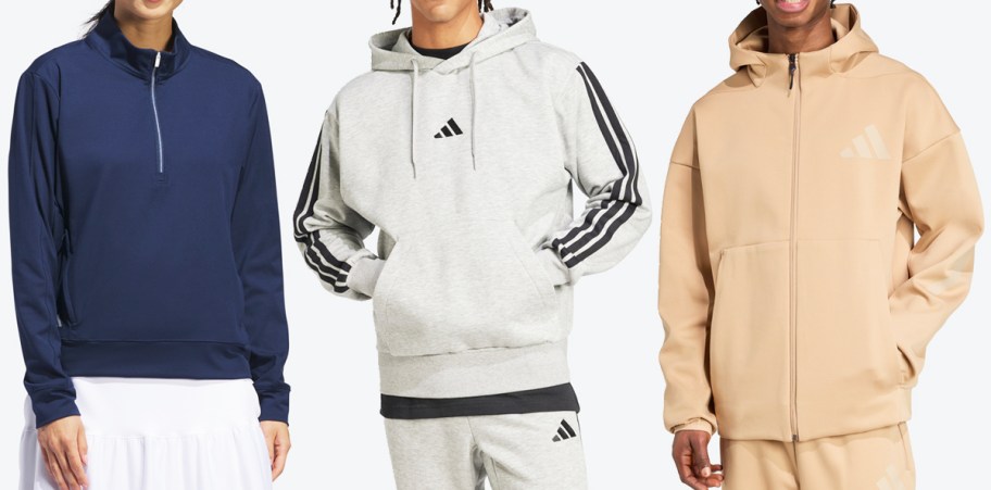 three people modeling adidas sweatshirts