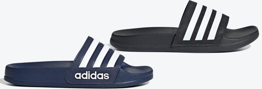 black and blue adidas slides