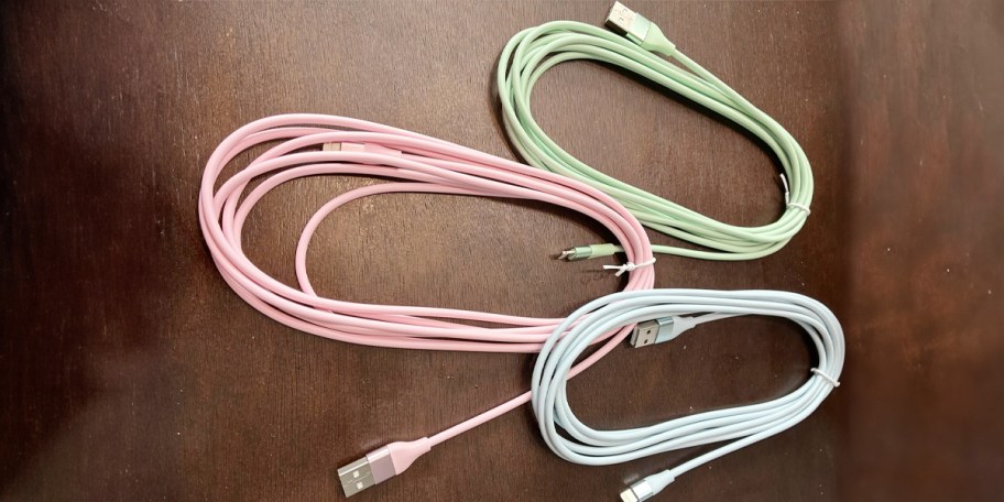 pink, green and blue charging cables