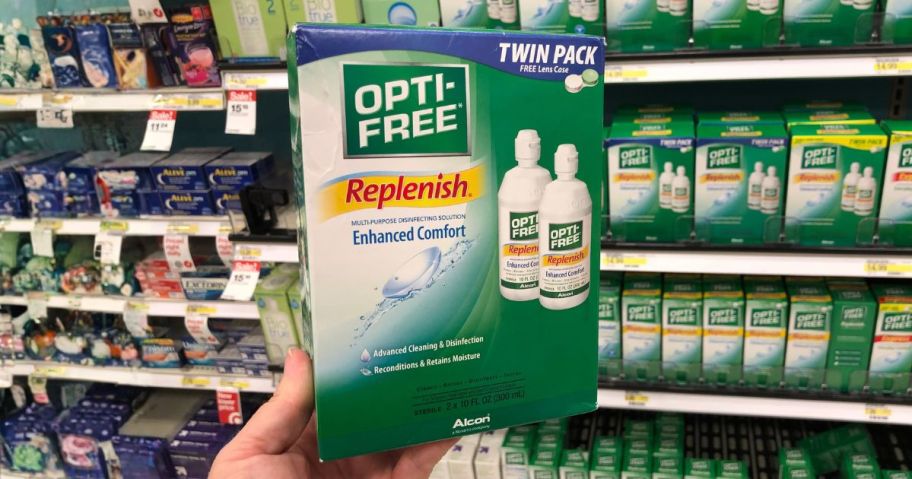 Opti-Free Replenish Contact Lens Cleaning & Disinfecting Solution 10oz 2-Pack in hand in store