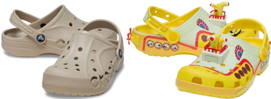 Beige Crocs on the left with ventilation holes and strap. Right features colorful, yellow Crocs styled as a submarine.