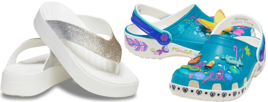 Two pairs of footwear: one, white platform flip-flops with glittery straps; the other, blue clogs featuring colorful Disney-themed designs.
