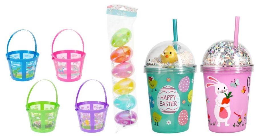 easter baskets, eggs, and cups