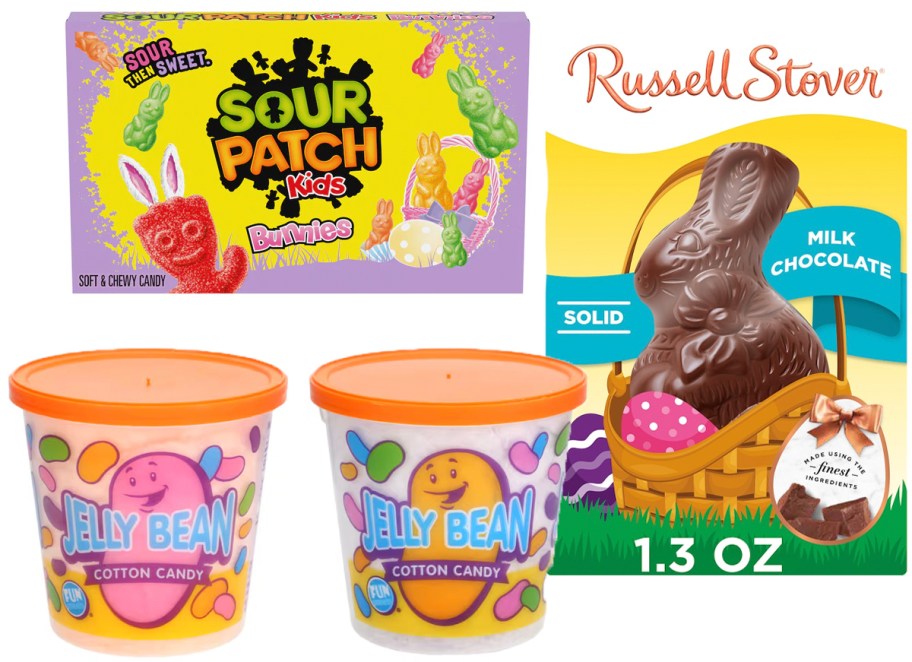 sour patch kids, russel stovers chocolate bunny and two cotton candy cups 