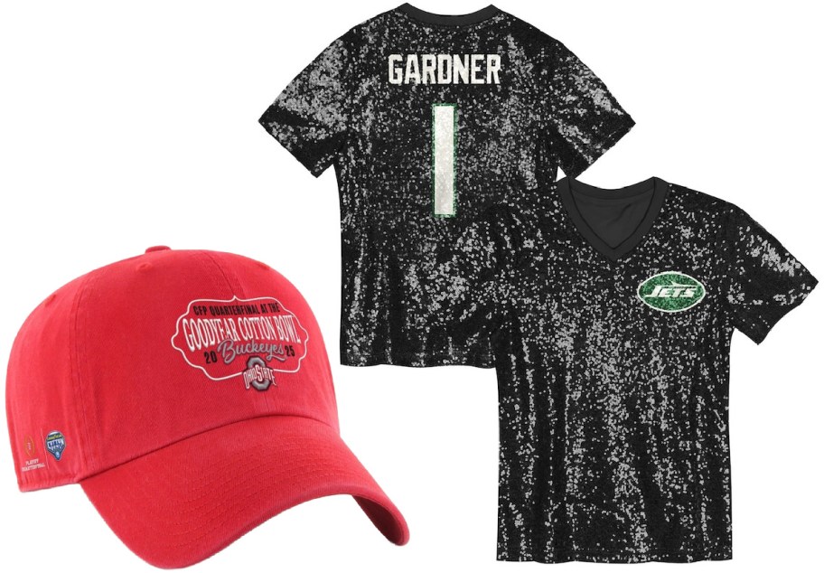 A red baseball cap with "Goodyear Cotton Bowl" and "Buckeyes" embroidered. Next to it, a black speckled shirt with "Gardner" and "Jets" logo displayed.