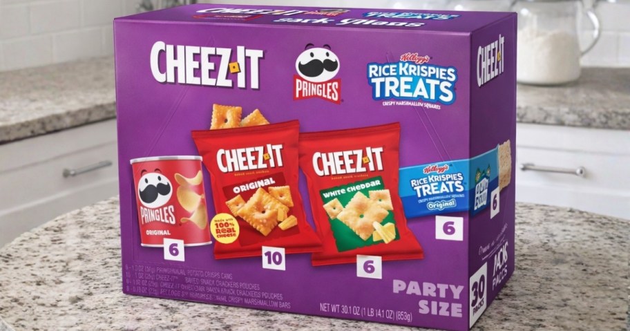 a box of Kellogg's snacks on a kitchen counter