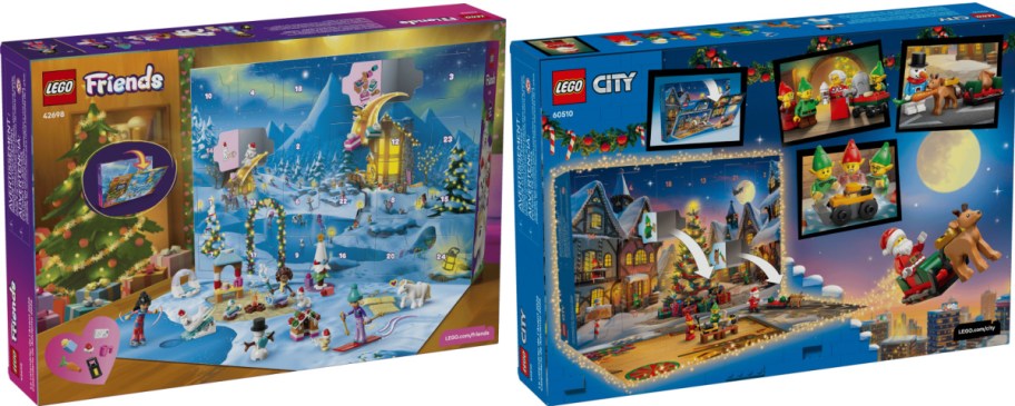 Two LEGO advent calendars are shown. The "Friends" set features a snowy, festive village scene. The "City" set includes a nighttime Christmas theme with Santa and elves.
