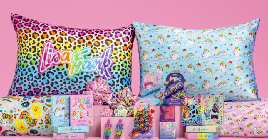 Lisa Frank x Kitsch hair accessories and pillows