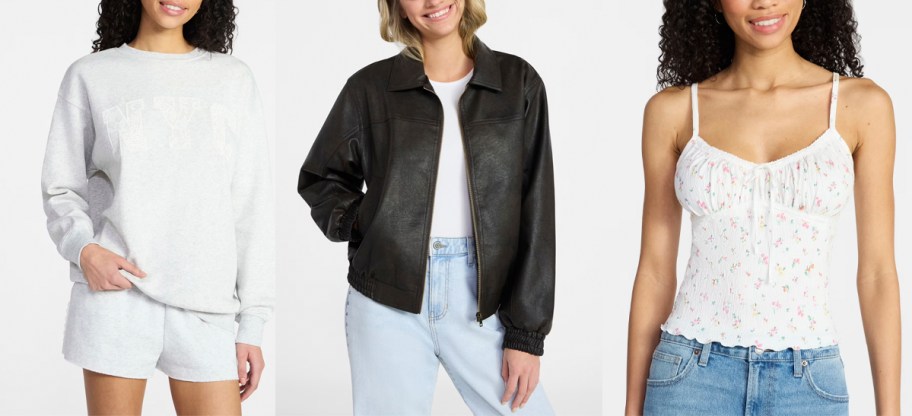 women wearing gray sweatshirt, black leather jacket, and white cami 