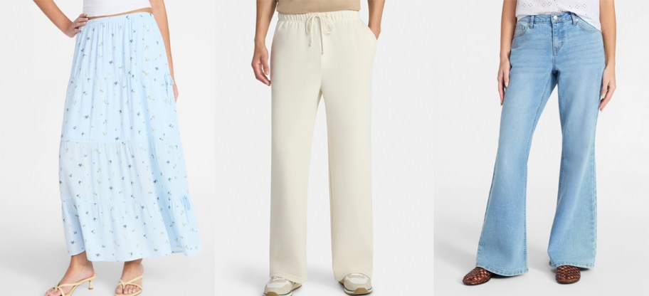 girls wearing blue skirt, white sweatpants and blue jeans 
