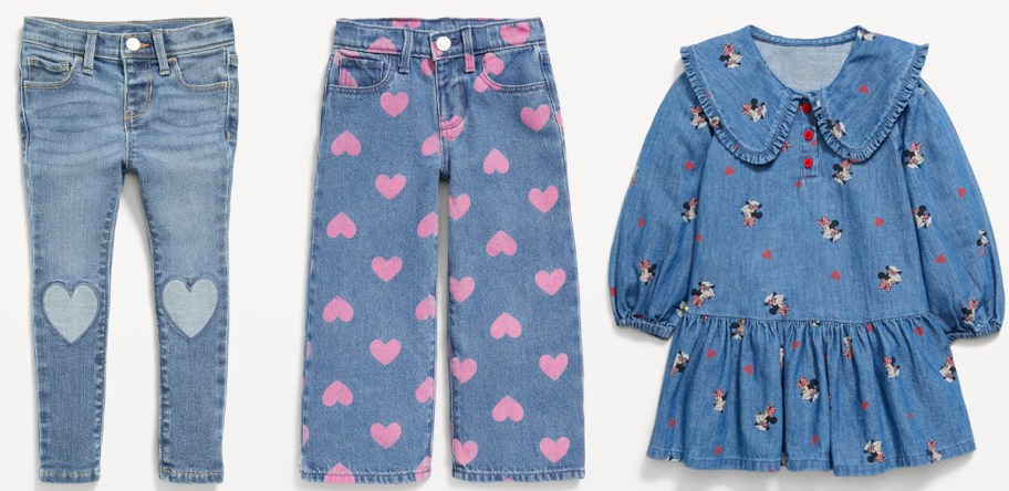 two pairs of jeans with hearts and heart minnie dress
