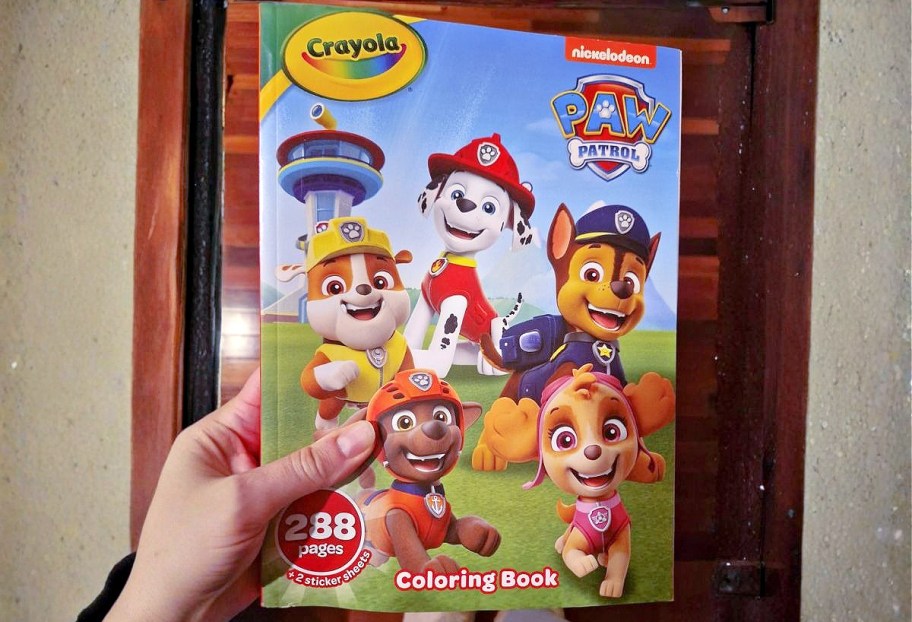 A hand holding up a Paw Patrol coloring book.