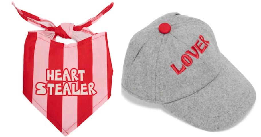 red and pink bandana and gray hat 