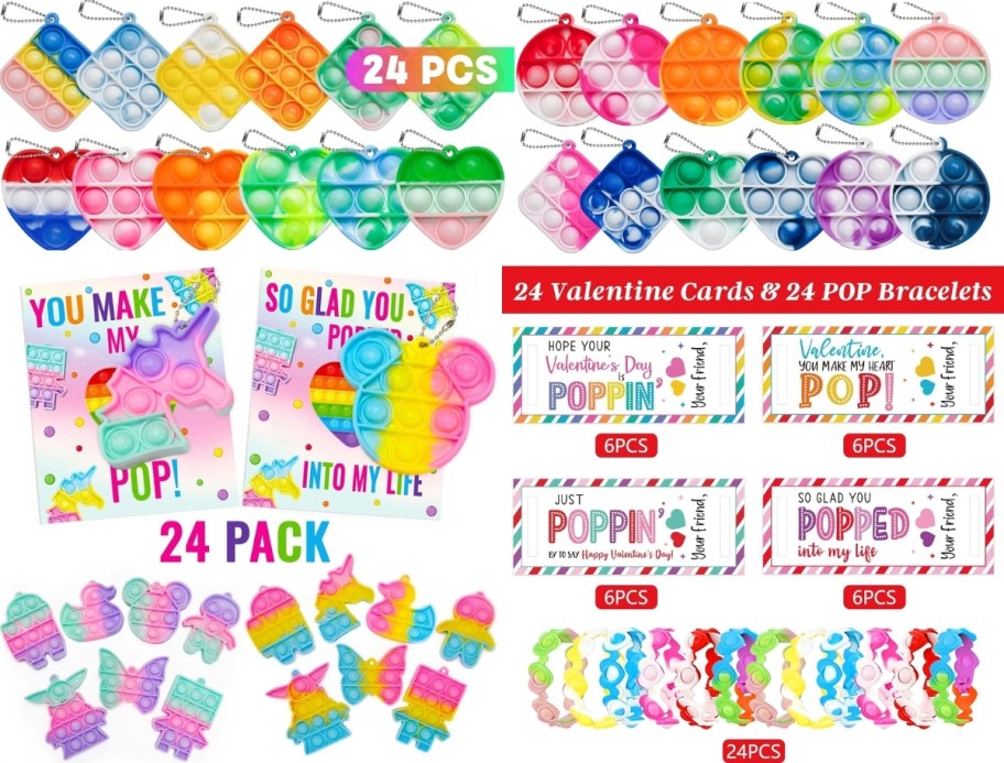 three 24 count packs of pop its keychains and bracelets