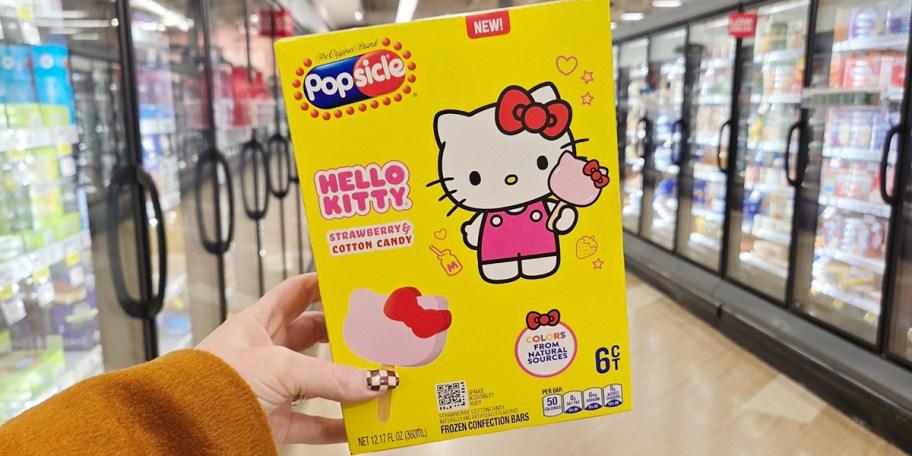 hand holding hello kitty frozen treat box