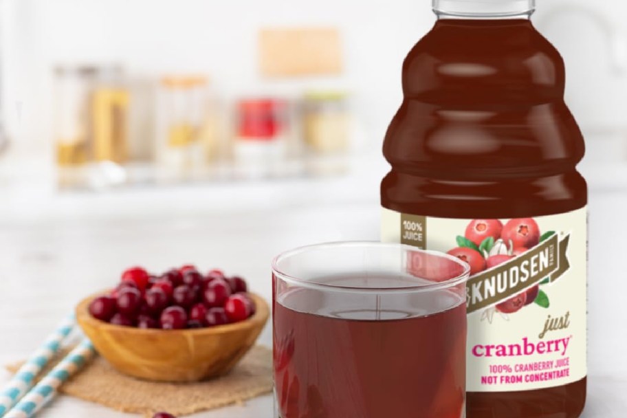 R. W. Knudsen cranberry juice bottle and glass of juice