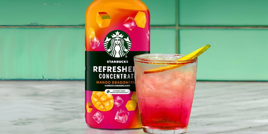 starbucks refreshers concentrate bottle and cup with drink