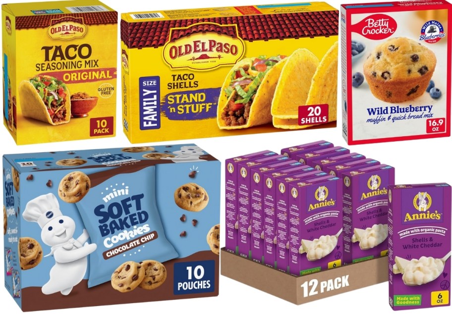 taco seasoning and shells, muffin mix box, cookies, and mac and cheese