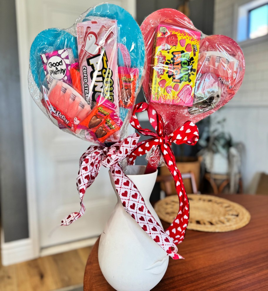 two dollar tree heart stakes made into gift baskets