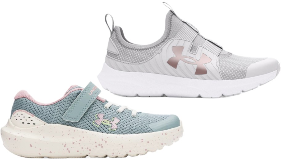 Two Under Armour sneakers are shown: a light gray slip-on with a metallic logo and white sole, and a teal sneaker with pink accents and a speckled sole.
