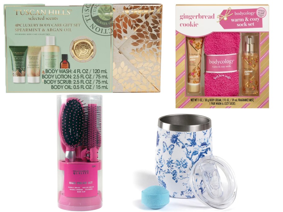 two bath, hair brush and wine gift sets