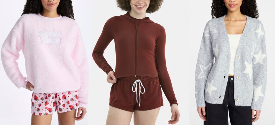 girls wearing pink, brown, and gray jackets and cardigans