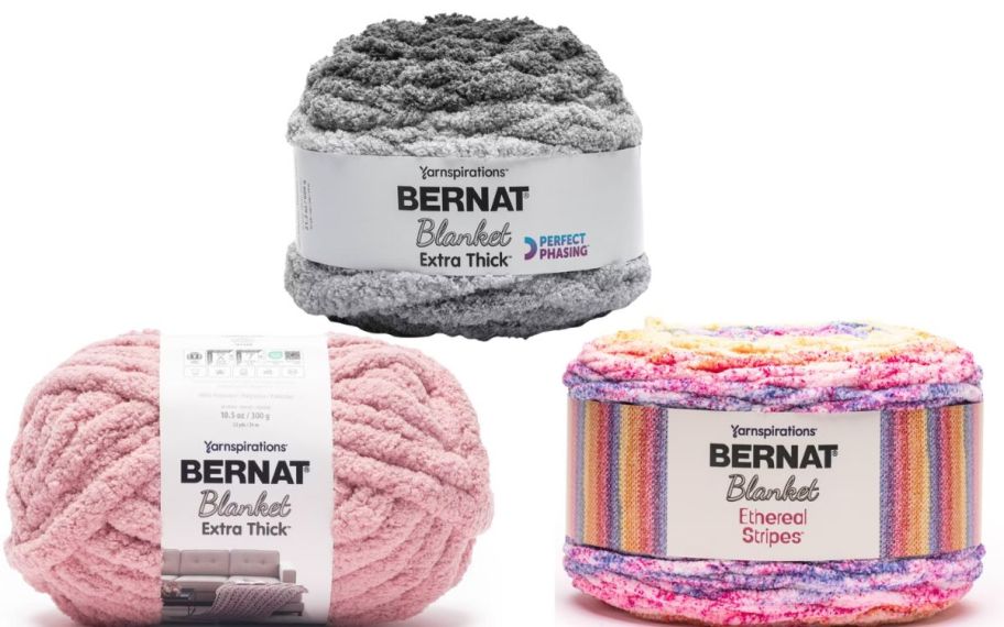 stock image of three different types of Bernat yarns