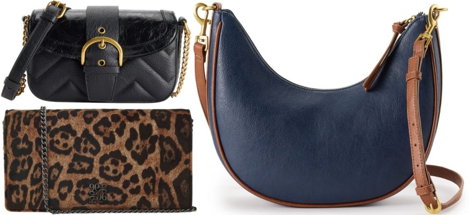 two small crossbody bags and a crescent shaped crossbody