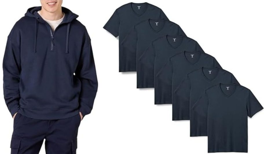Stock images of a man wearing an Amazon Essentials Hoodie and a 6-pack of navy blue tees