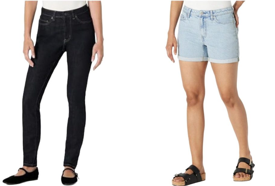 Stock images of women wearing Amazon essentials skinny jeans and shorts