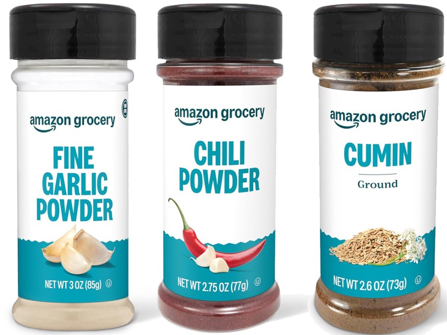bottles of Garlic Powder, Chili Powder, and Cumin