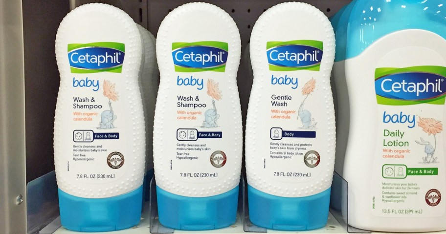 white and blue bottles of Cetaphil Baby Wash & Shampoo on store shelf