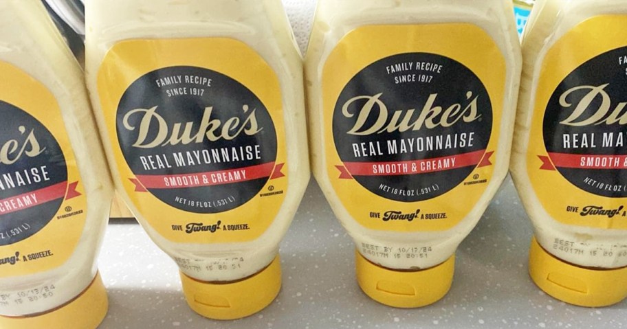 bottles of Duke's Mayonnaise in a row