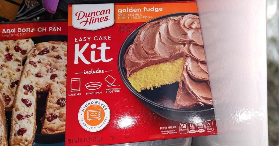 Duncan Hines Easy Cake Kit in Golden Fudge Flavored Cake Mix box on counter